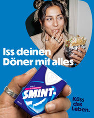 Smint close-up of white mint tablets highlighting xylitol sweetness benefit