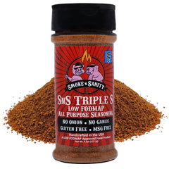 Smoke n Sanity front shaker view showing bottle and seasoning benefits