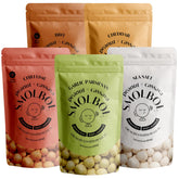 Smolbol front packaging showing five-flavor variety pack and convenience