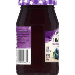 Smucker's label close-up with nutrition facts highlighting lower sugar