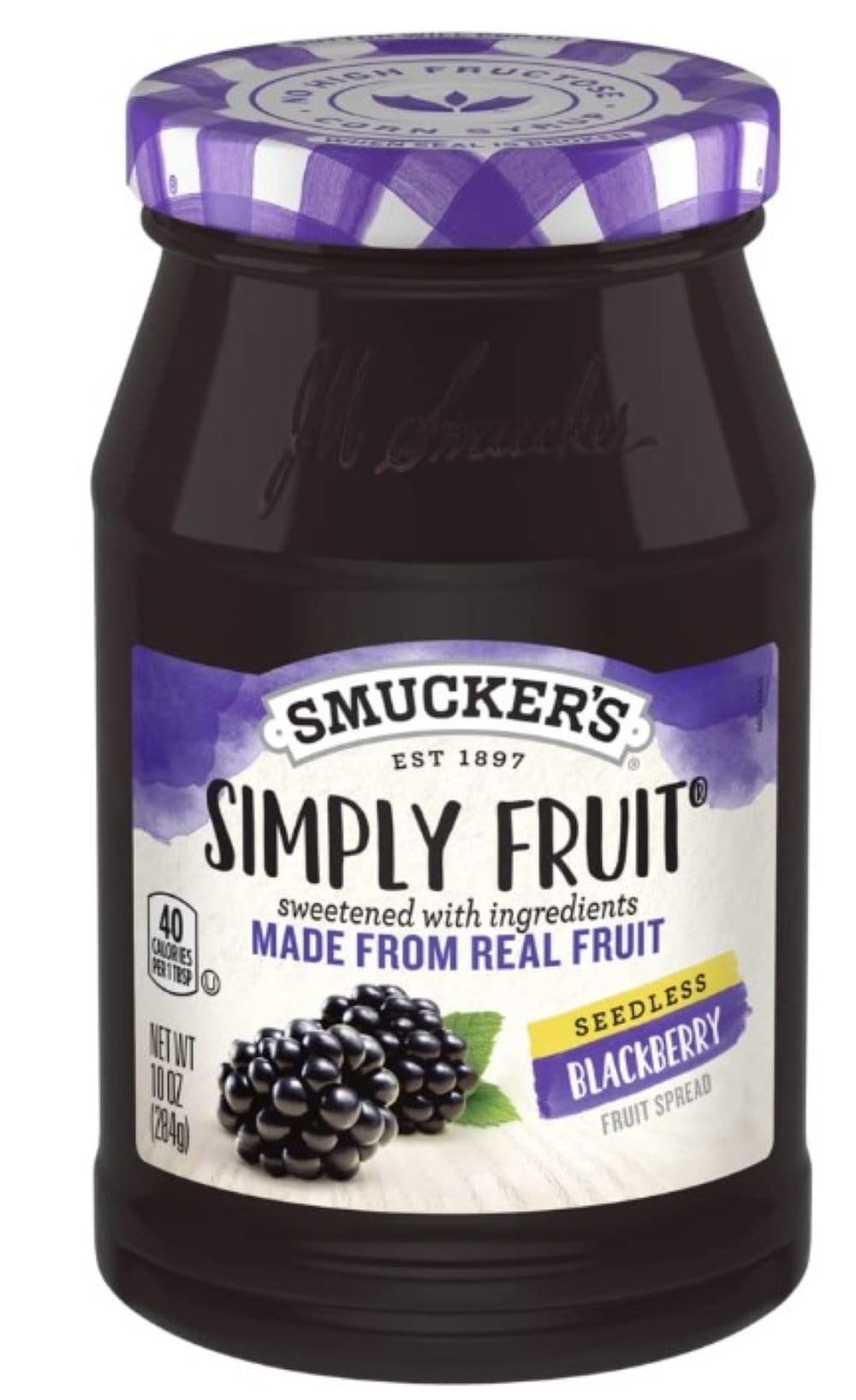 Smucker's seedless blackberry front jar showing label and easy identification benefit