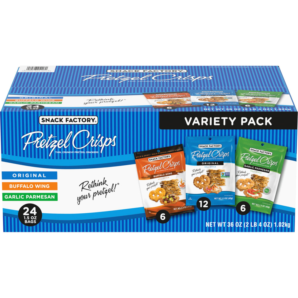 Snack Factory front box showing variety pack and easy grab-and-go convenience