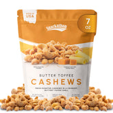 Snackathon front-of-bag showing resealable 7 oz pack and premium toffee cashews benefit: easy storage