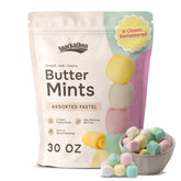 Snackathon front packaging showing pastel buttermints and resealable bag convenience