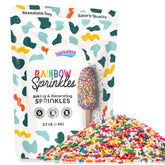 Snackathon front pouch showing 2.2 lb bulk rainbow sprinkles and easy storage benefit