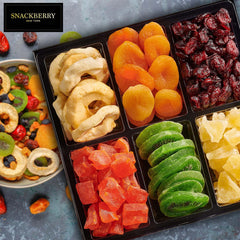 Snackberry open drawer with six compartments displaying assorted dried fruits