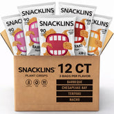SNACKLINS front packaging showing 4-flavor variety and case count for easy selection