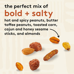Snak Club close-up of spicy and toffee peanuts plus almonds highlighting crunch and flavor