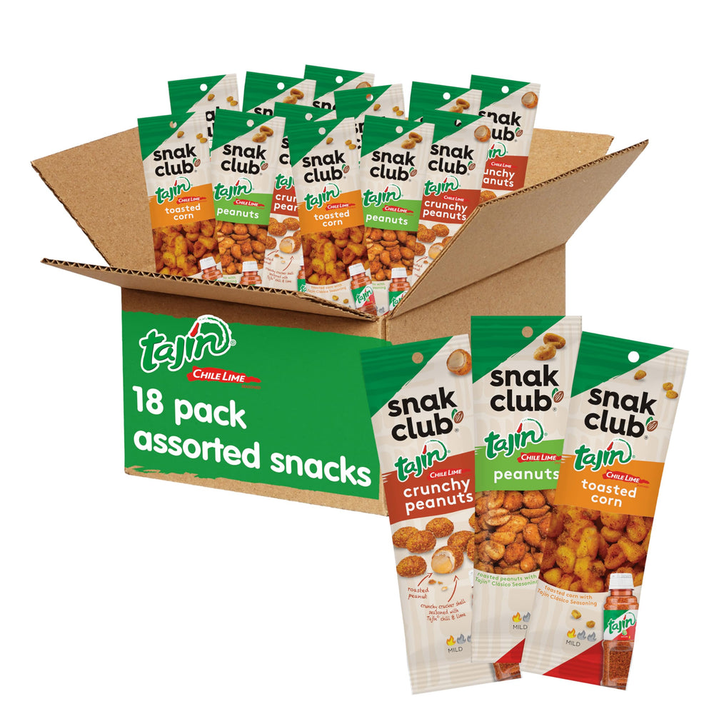Snak Club front packaging showing Tajin variety pack, convenient grab-and-go