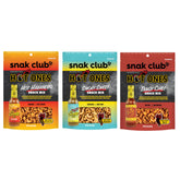 Snak Club front packaging showing three 10 oz resealable bags and bold branding
