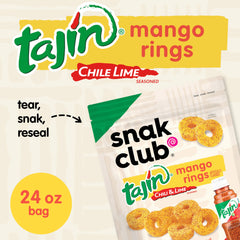 Snak Club close-up of Tajín seasoning on mango rings highlighting tangy chili-lime flavor