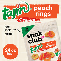 Snak Club open pouch with peach rings spilling, highlighting portability and freshness