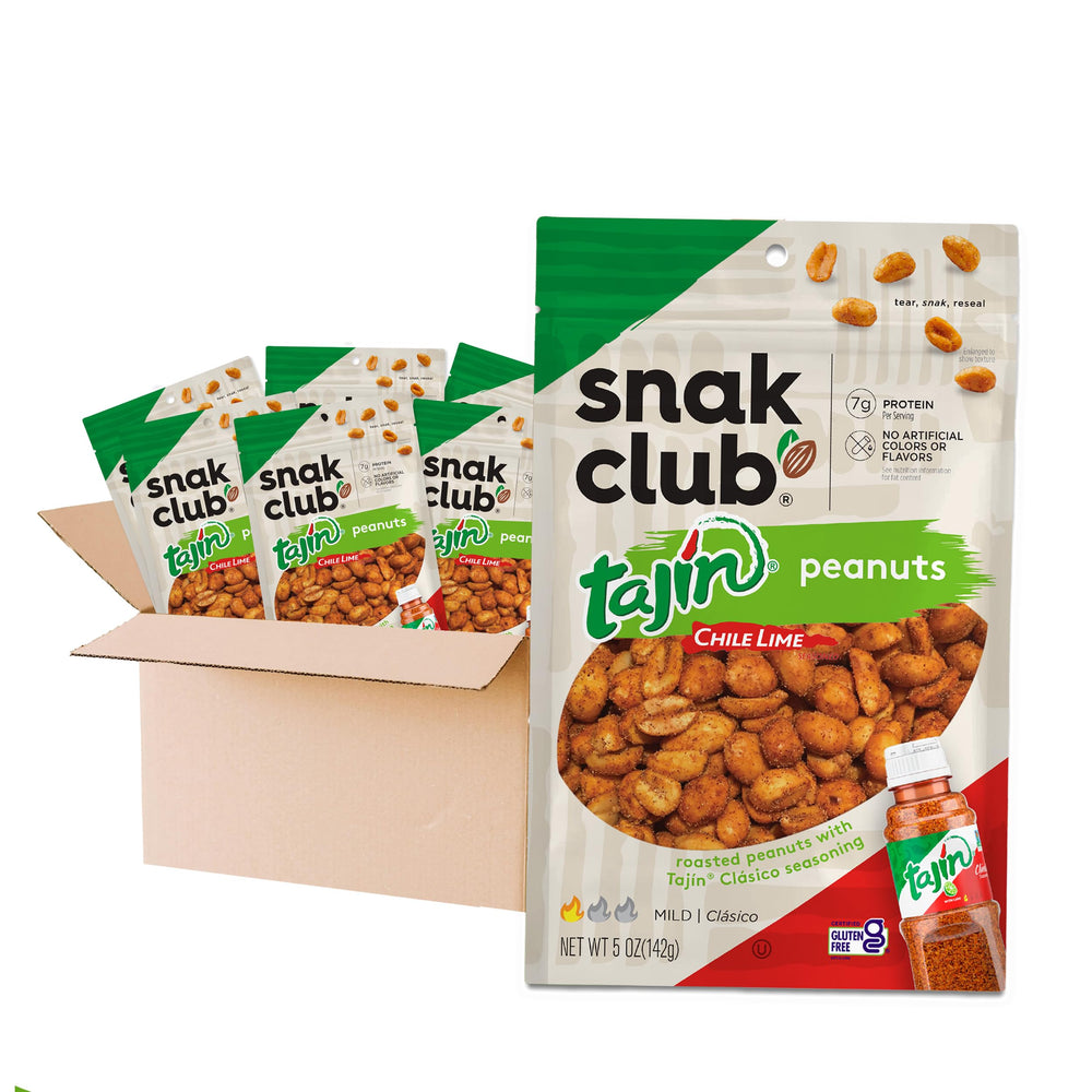 Snak Club front packaging showing Tajin peanuts and resealable bag, flavorful convenience