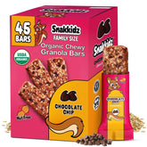 Snakkidz front packaging showing chocolate chip bars and organic claims for quick recognition