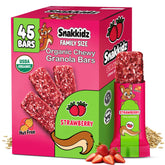 Snakkidz front packaging of strawberry granola bars showing shelf-ready box and benefits