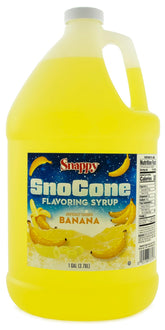 SNAPPY banana sno cone syrup one-gallon jug front label showing brand and flavor for quick identification