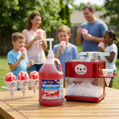 SNAPPY bubble gum syrup drizzled over snow cone cup demonstrating bright color and flavor payoff