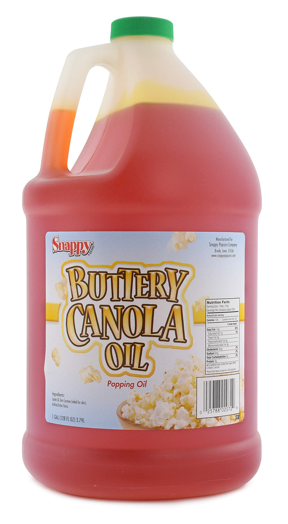 SNAPPY butter flavored canola oil gallon bottle showing label and size benefit
