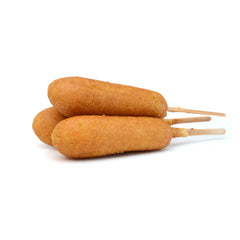 Snappy corn dog on stick fried golden demonstrating crisp exterior