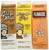 Snappy Flavacol and Pop-N-Glaze front packaging showing contents and brand benefit