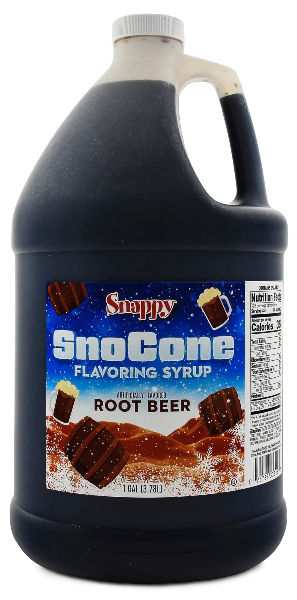 SNAPPY root beer gallon front label showing product and serving info for quick identification