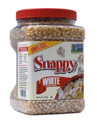 SNAPPY jar front view showing 4 lb white popcorn kernels, clean pantry storage benefit