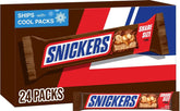 Snickers front packaging showing brand and 24-count box for easy stock-up