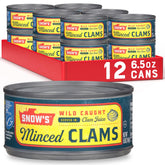 Snow's canned minced clams front can showing label and size, ideal pantry staple