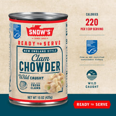 Snow's open can revealing chowder with clams and potatoes for quick meals