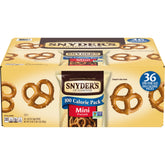 Snyder's of Hanover front packaging showing 36 mini pretzel packs for quick stocking