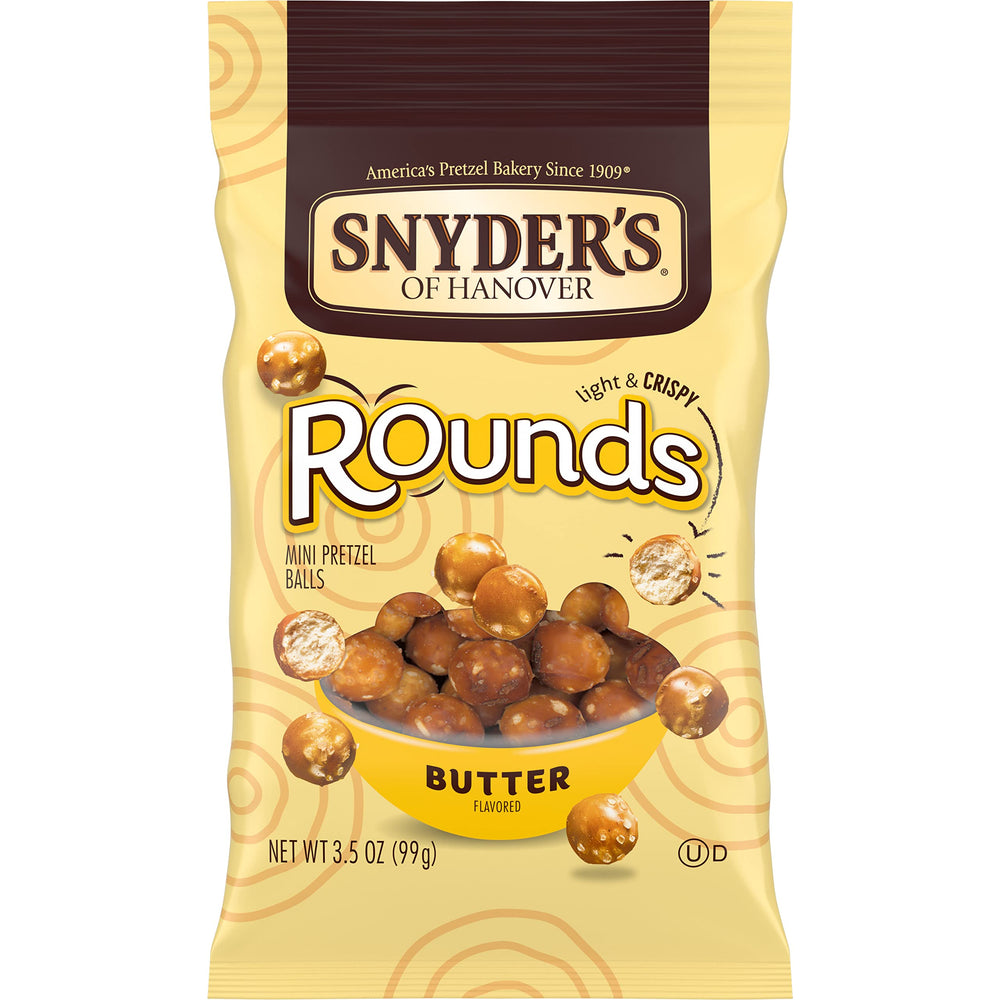 Snyder's of Hanover front packaging showing butter rounds and convenience