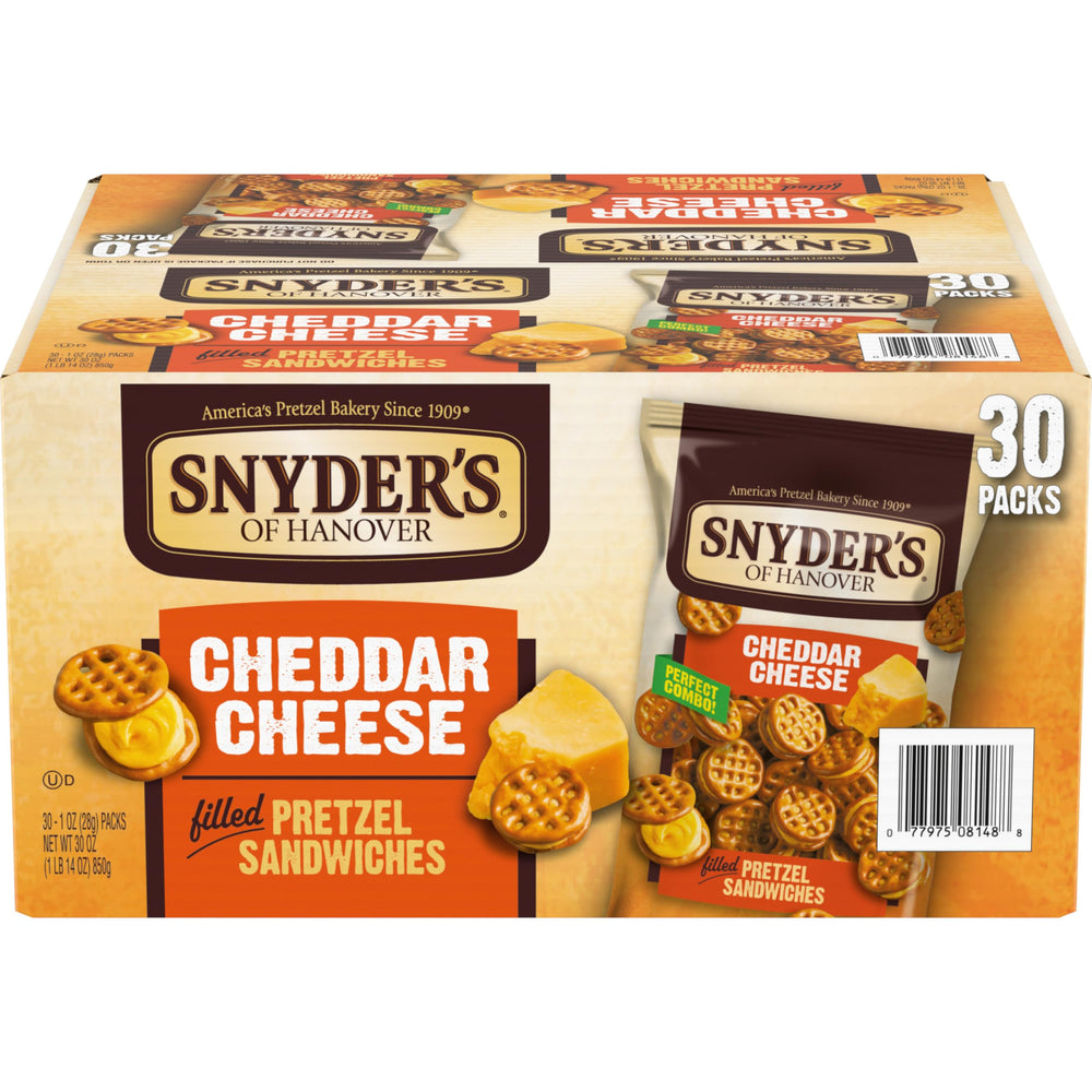 Snyder's of Hanover front packaging showing 30-count multi-pack, convenient storage