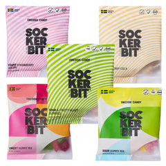 Sockerbit five bags laid out to display assortment and gifting appeal