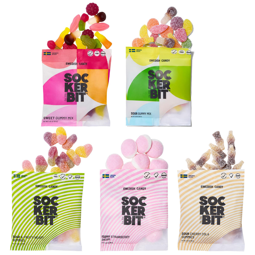 Sockerbit front packaging showing five individual candy bags and branding
