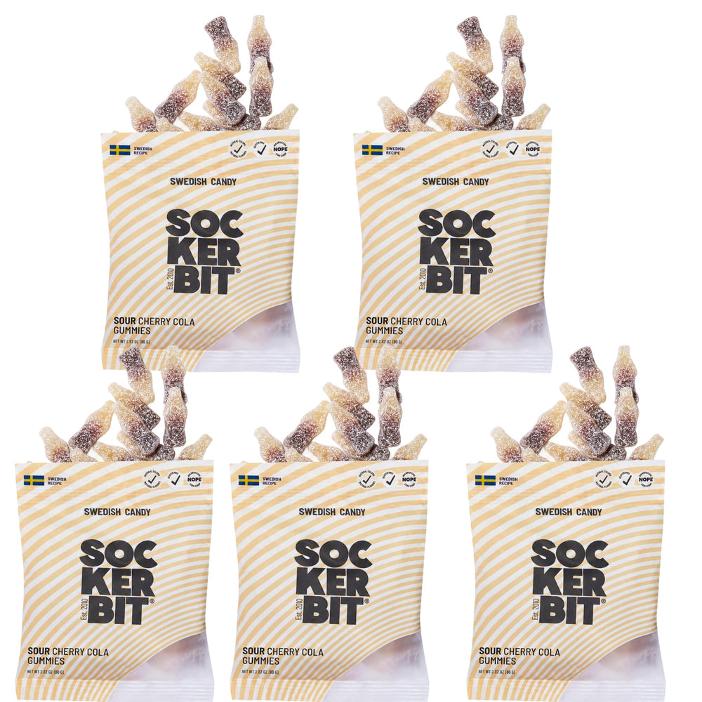 Sockerbit front packaging showing five compact bags and product branding for easy identification