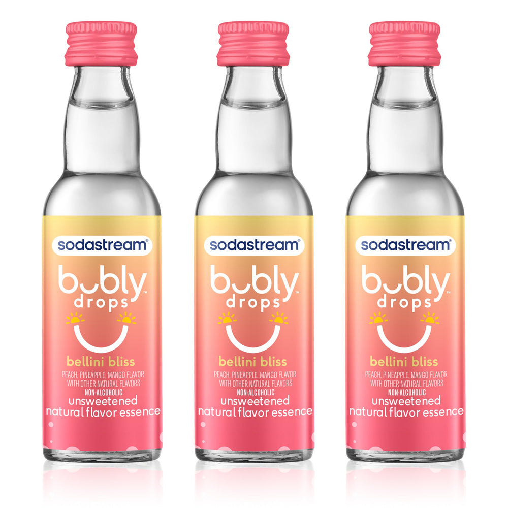 sodastream bubly bellini bliss front packaging showing three bottles and label, convenient supply