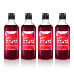 sodastream Bubly Burst cherry lemonade front packaging showing four bottles and branding benefits