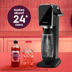 sodastream pouring mix into freshly carbonated water for instant sparkling drinks