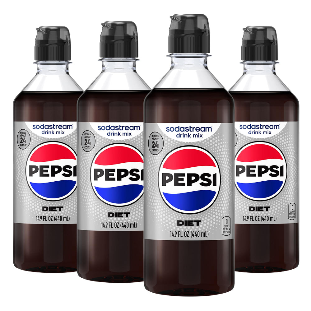 sodastream front packaging showing four Diet Pepsi bottles and quantity benefit