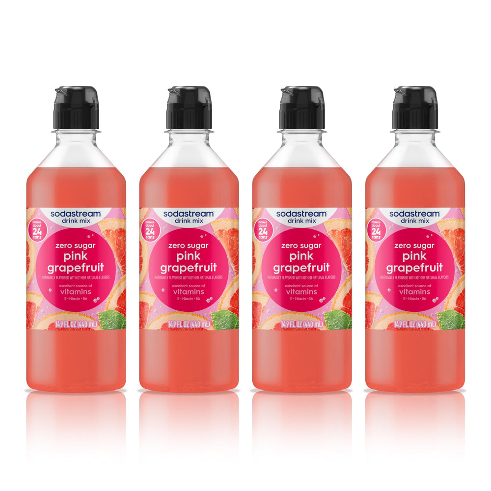 sodastream front packaging Pink Grapefruit shows four bottles and easy storage benefit