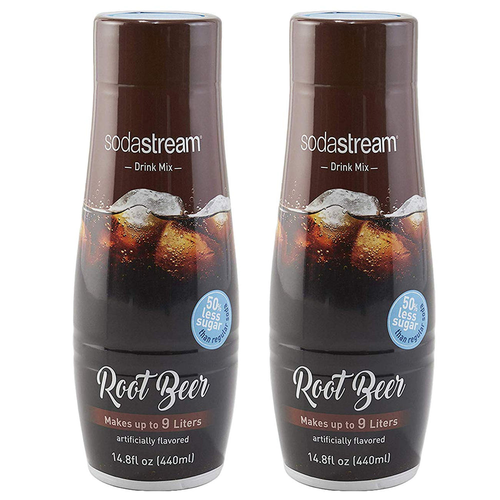 sodastream root beer front packaging showing two 440ml bottles and product label benefits
