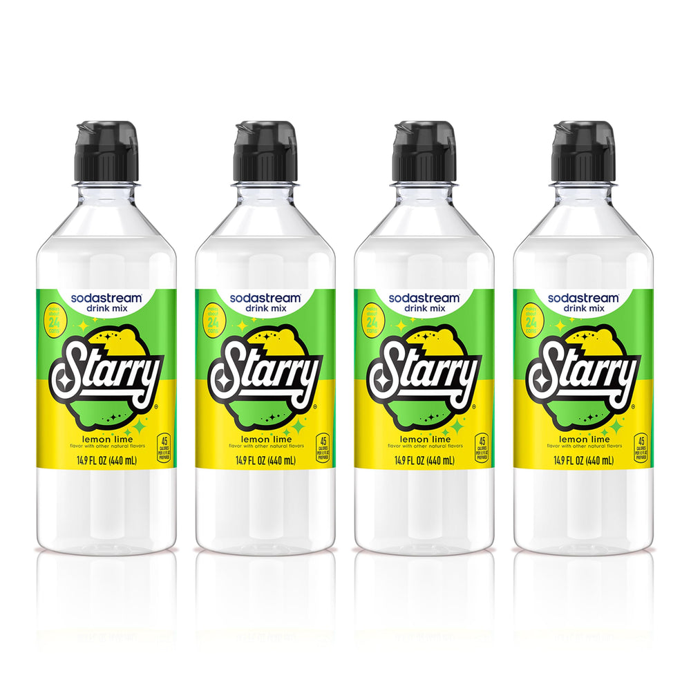 sodastream Starry front packaging showing four lemon-lime syrup bottles and clear label benefits