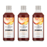 SodaStream bottle front view showing White Peach & Ginger flavor and easy mixing benefit
