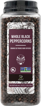 Soeos front packaging 18oz bag showing clean, additive-free peppercorns