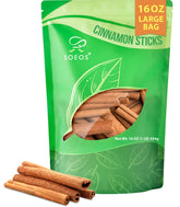 Soeos front packaging 16oz bulk bag showing premium whole cinnamon benefits aroma
