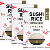 Soeos front packaging showing three 2-pound Japonica sushi rice packs and value