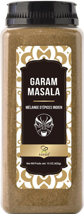 Soeos garam masala front packaging showing bulk 15 oz size and label benefits