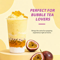 Close-up of Soeos passion fruit pearls showing glossy texture and juice