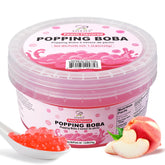 Soeos front packaging of peach popping boba showing jar and serving suggestion for convenience