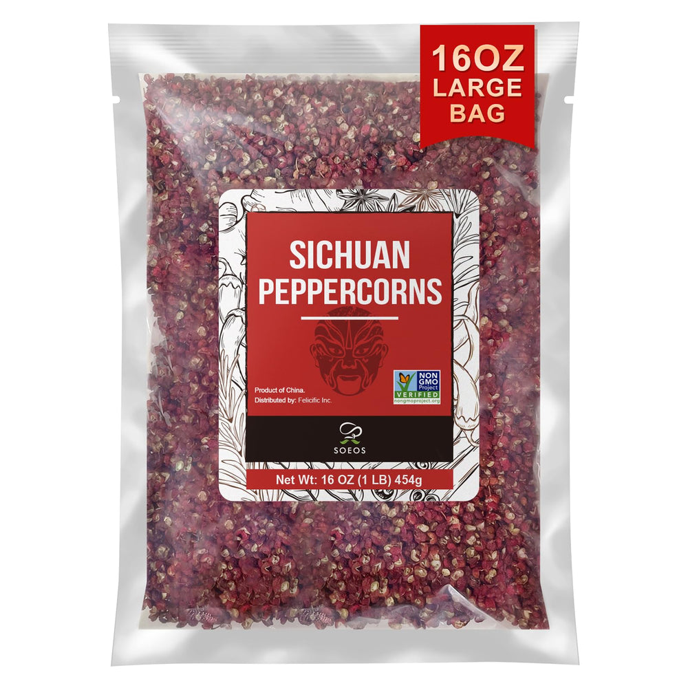 Soeos front packaging showing 16oz authentic Sichuan peppercorns and clear jar benefit freshness